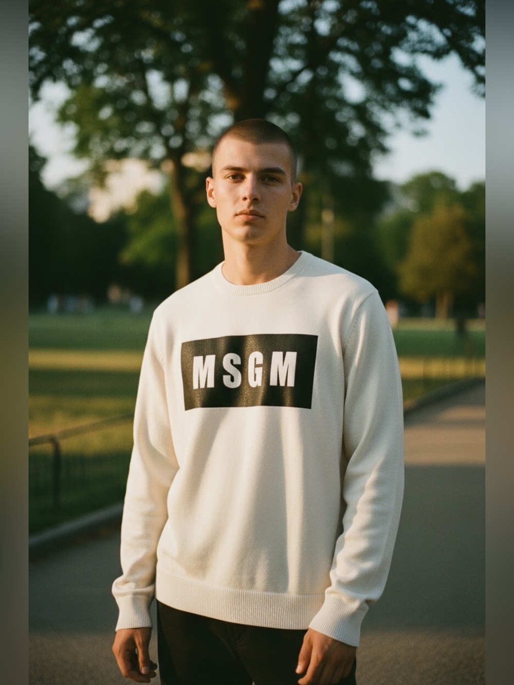 MSGM Cream Long Sleeve Logo Tee with Black Print